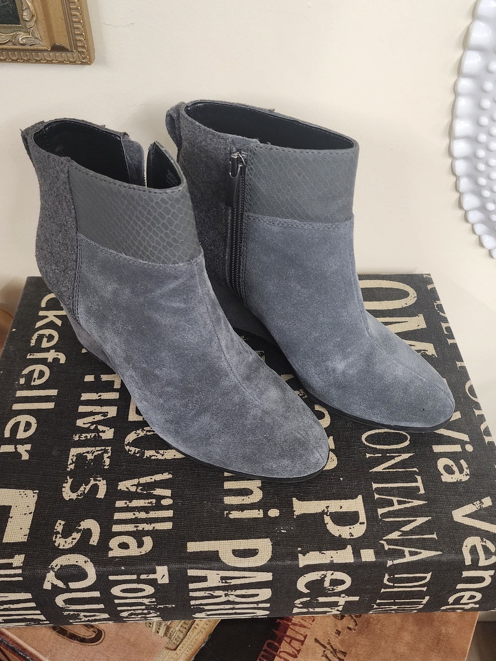 Tahari Gray Suede Wedge Ankle Boots